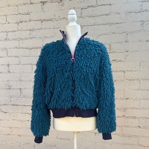 JUICY by Juicy Couture Faux Mongolian Wool Bomber Jacket Teal Blue Size S